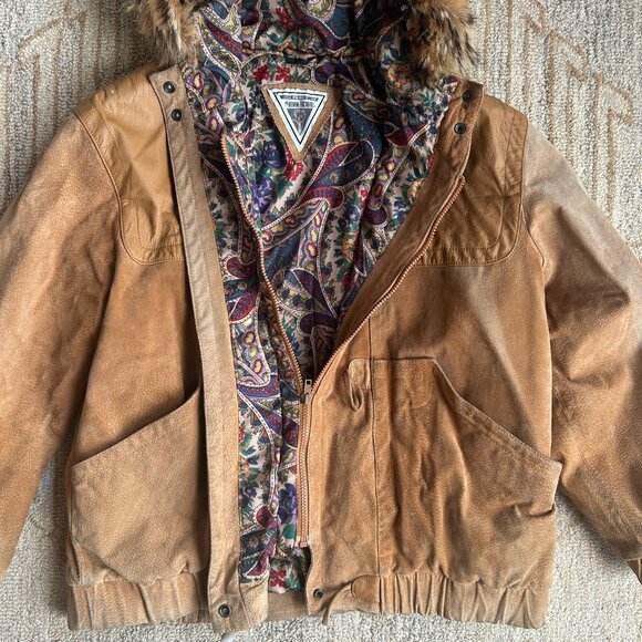 Vintage Brown Suede & Leather Fur Hood Parka 90s Streetwear Cabincore Jacket L - Picture 11 of 16